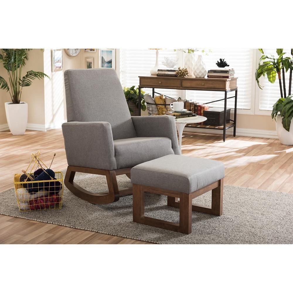 Yashiya Mid-century Retro Modern Grey Fabric Upholstered Rocking Chair and Ottoman Set FredCo