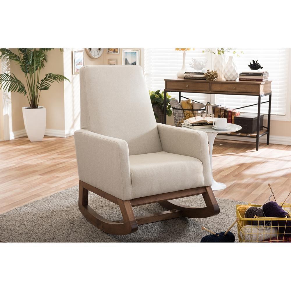 Yashiya Mid-century Retro Modern Light Beige Fabric Upholstered Rocking Chair FredCo