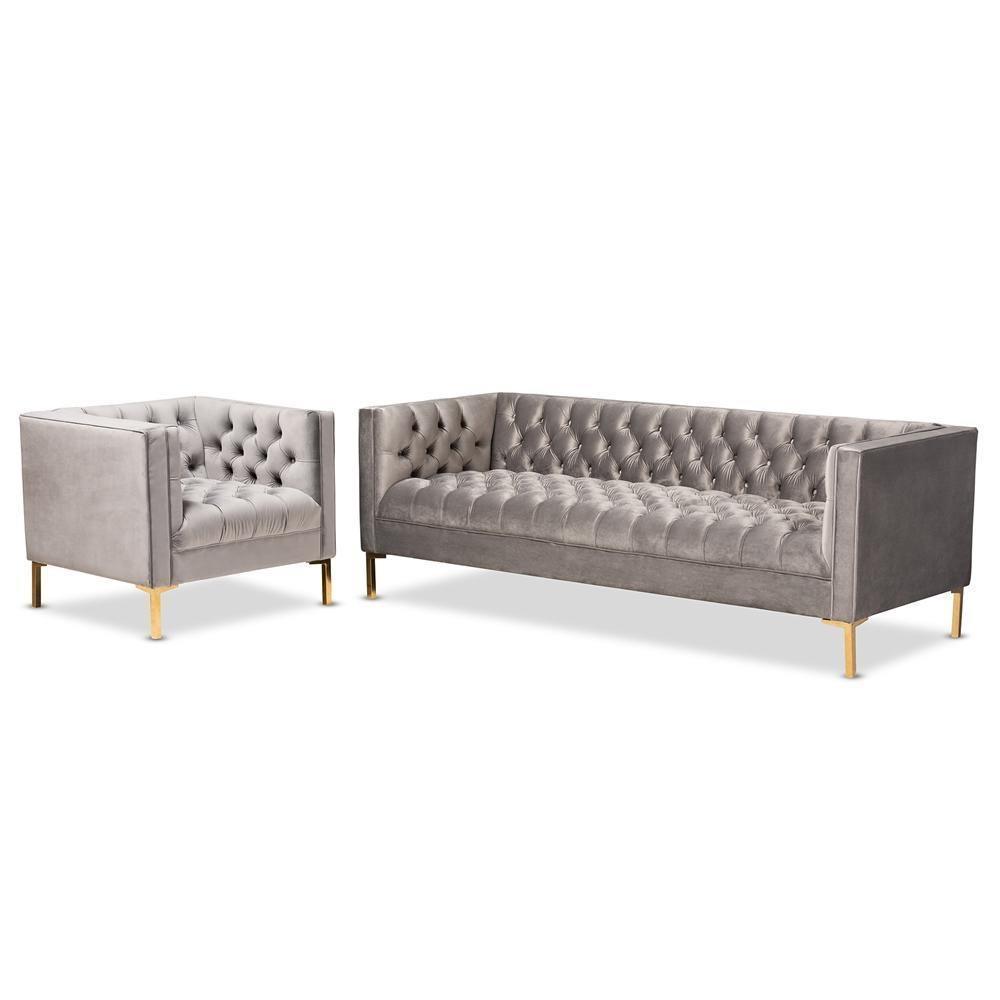 Zanetta Glam and Luxe Gray Velvet Upholstered Gold Finished 2-Piece Sofa and Lounge Chair Set FredCo