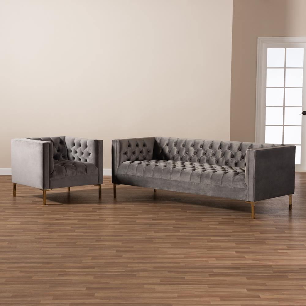 Zanetta Glam and Luxe Gray Velvet Upholstered Gold Finished 2-Piece Sofa and Lounge Chair Set FredCo