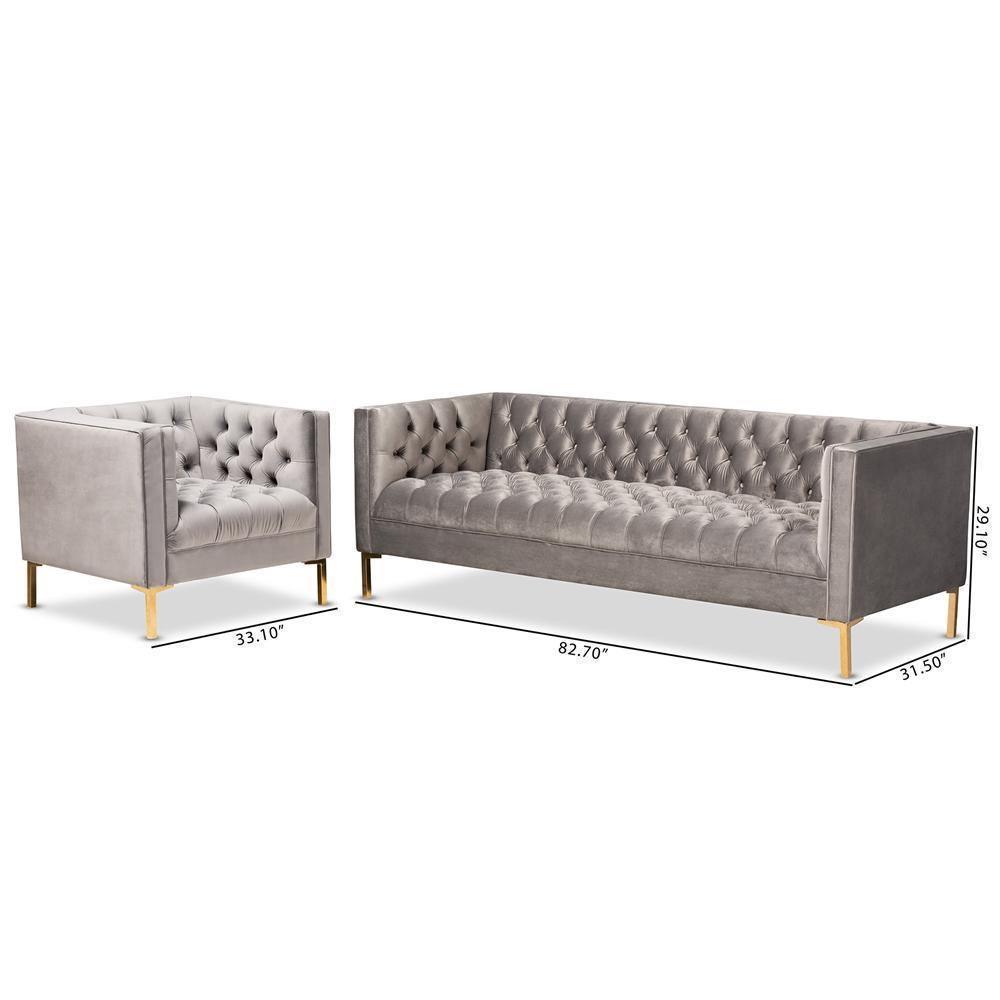 Zanetta Glam and Luxe Gray Velvet Upholstered Gold Finished 2-Piece Sofa and Lounge Chair Set FredCo