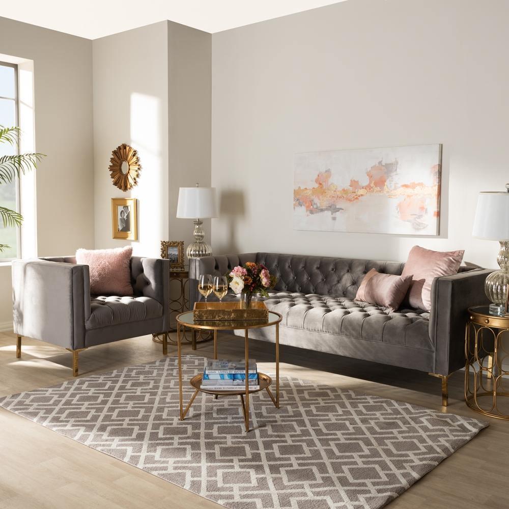 Zanetta Glam and Luxe Gray Velvet Upholstered Gold Finished 2-Piece Sofa and Lounge Chair Set FredCo