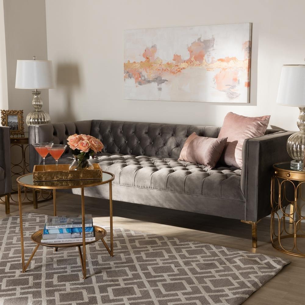 Zanetta Glam and Luxe Gray Velvet Upholstered Gold Finished Sofa FredCo