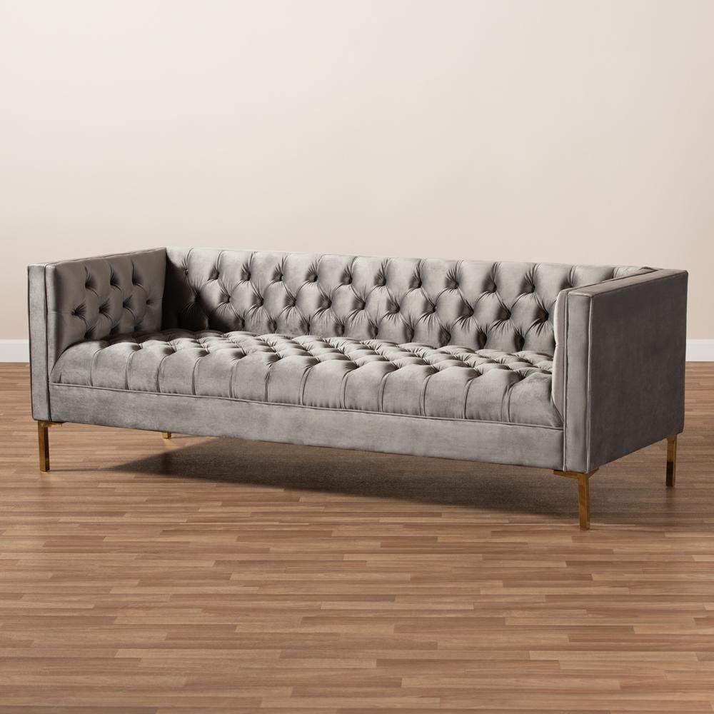 Zanetta Glam and Luxe Gray Velvet Upholstered Gold Finished Sofa FredCo