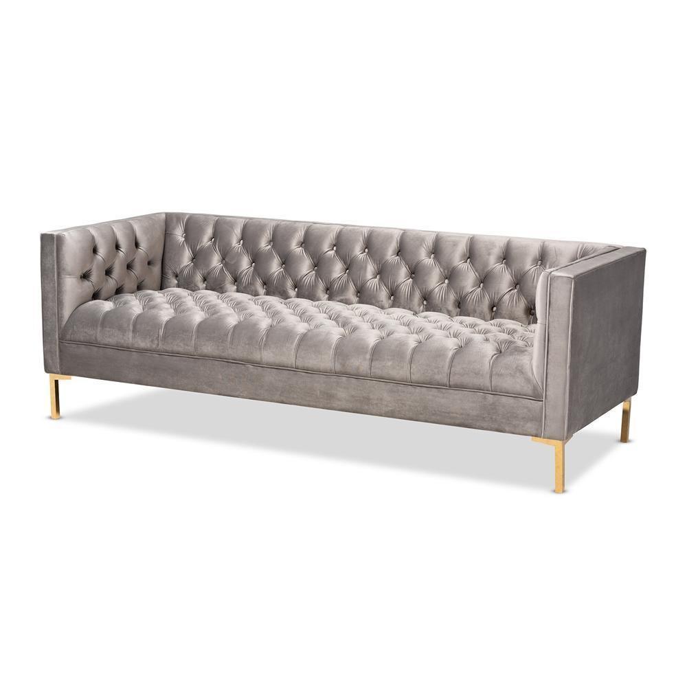 Zanetta Glam and Luxe Gray Velvet Upholstered Gold Finished Sofa FredCo