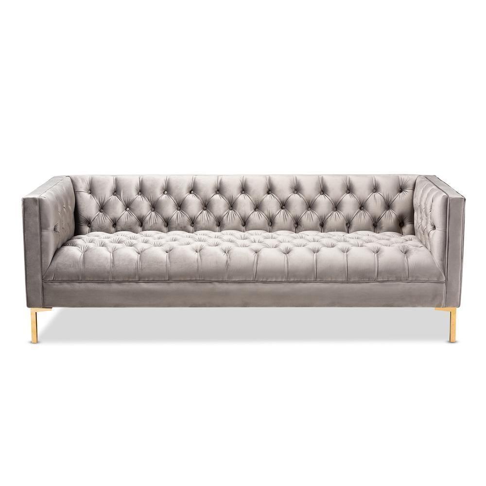 Zanetta Glam and Luxe Gray Velvet Upholstered Gold Finished Sofa FredCo