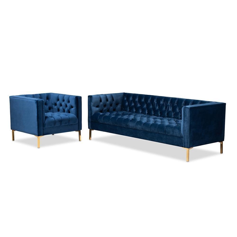 Zanetta Glam and Luxe Navy Velvet Upholstered Gold Finished 2-Piece Sofa and Lounge Chair Set FredCo