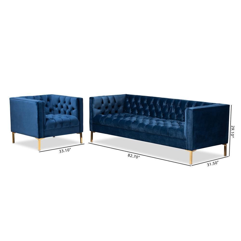Zanetta Glam and Luxe Navy Velvet Upholstered Gold Finished 2-Piece Sofa and Lounge Chair Set FredCo