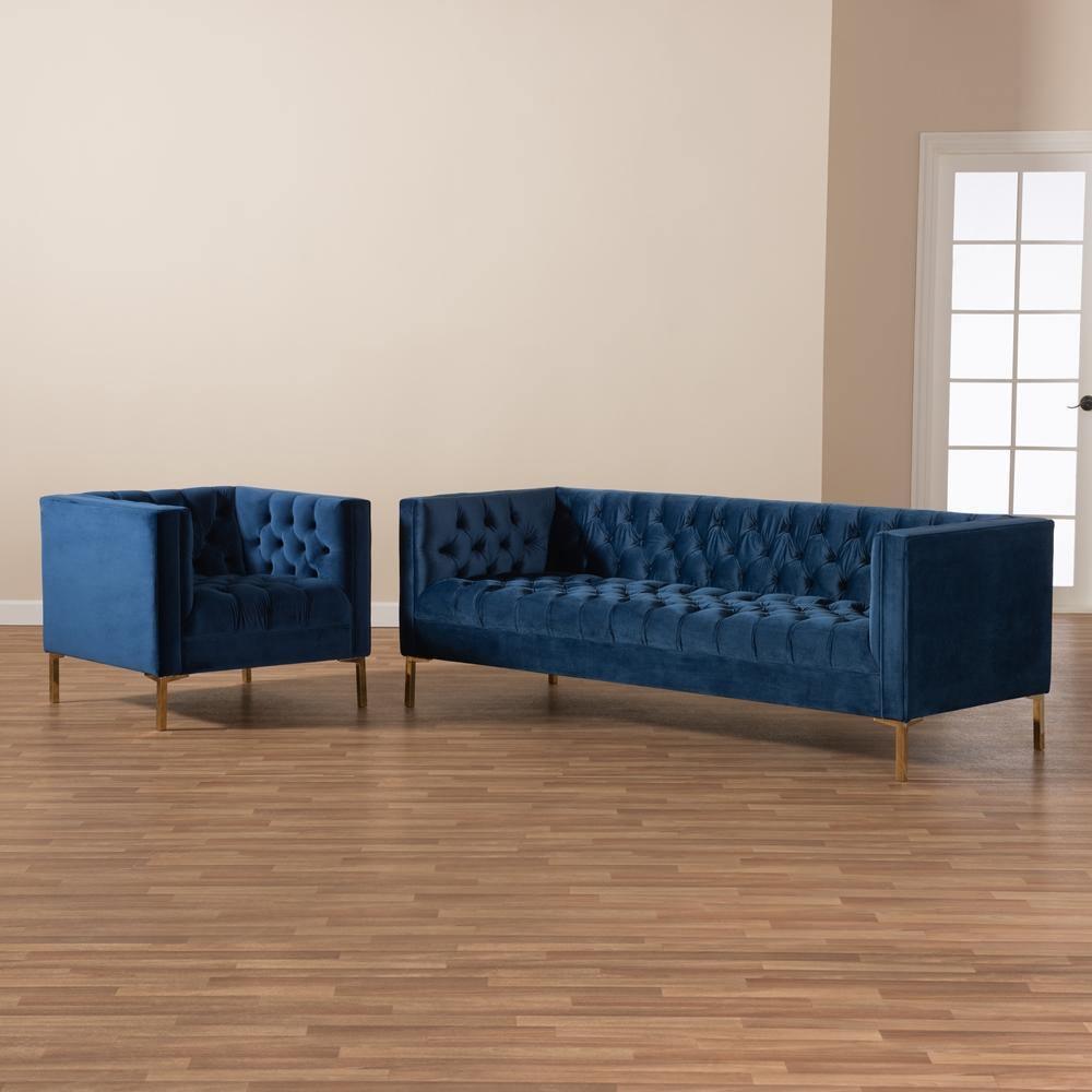 Zanetta Glam and Luxe Navy Velvet Upholstered Gold Finished 2-Piece Sofa and Lounge Chair Set FredCo