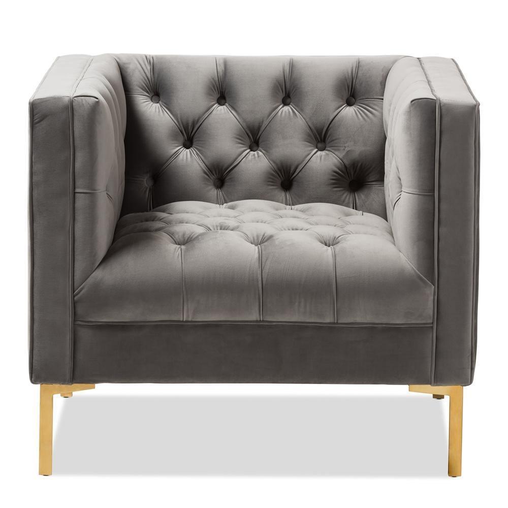 Zanetta Luxe and Glamour Grey Velvet Upholstered Gold Finished Lounge Chair FredCo