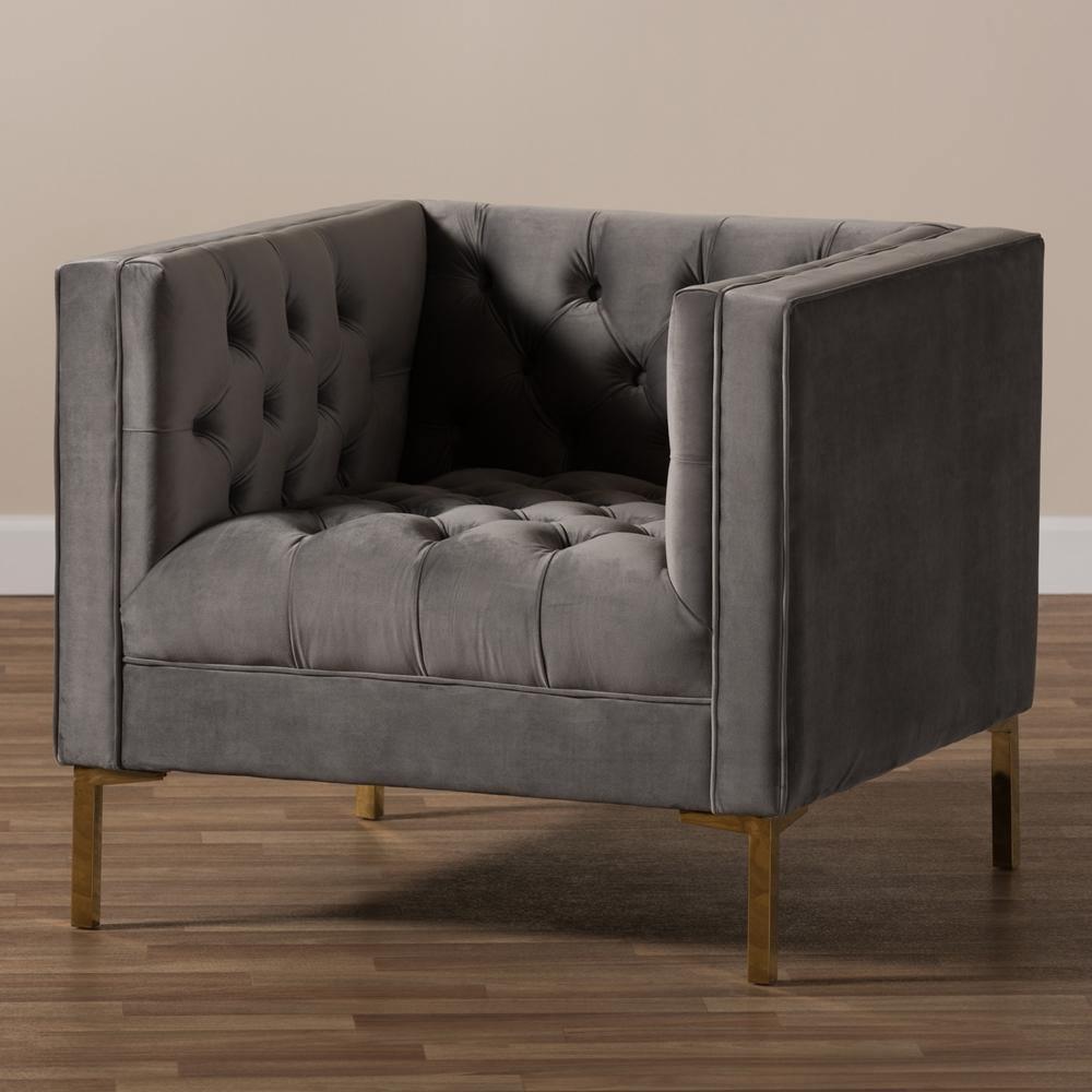 Zanetta Luxe and Glamour Grey Velvet Upholstered Gold Finished Lounge Chair FredCo