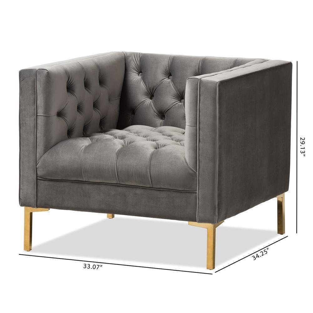 Zanetta Luxe and Glamour Grey Velvet Upholstered Gold Finished Lounge Chair FredCo