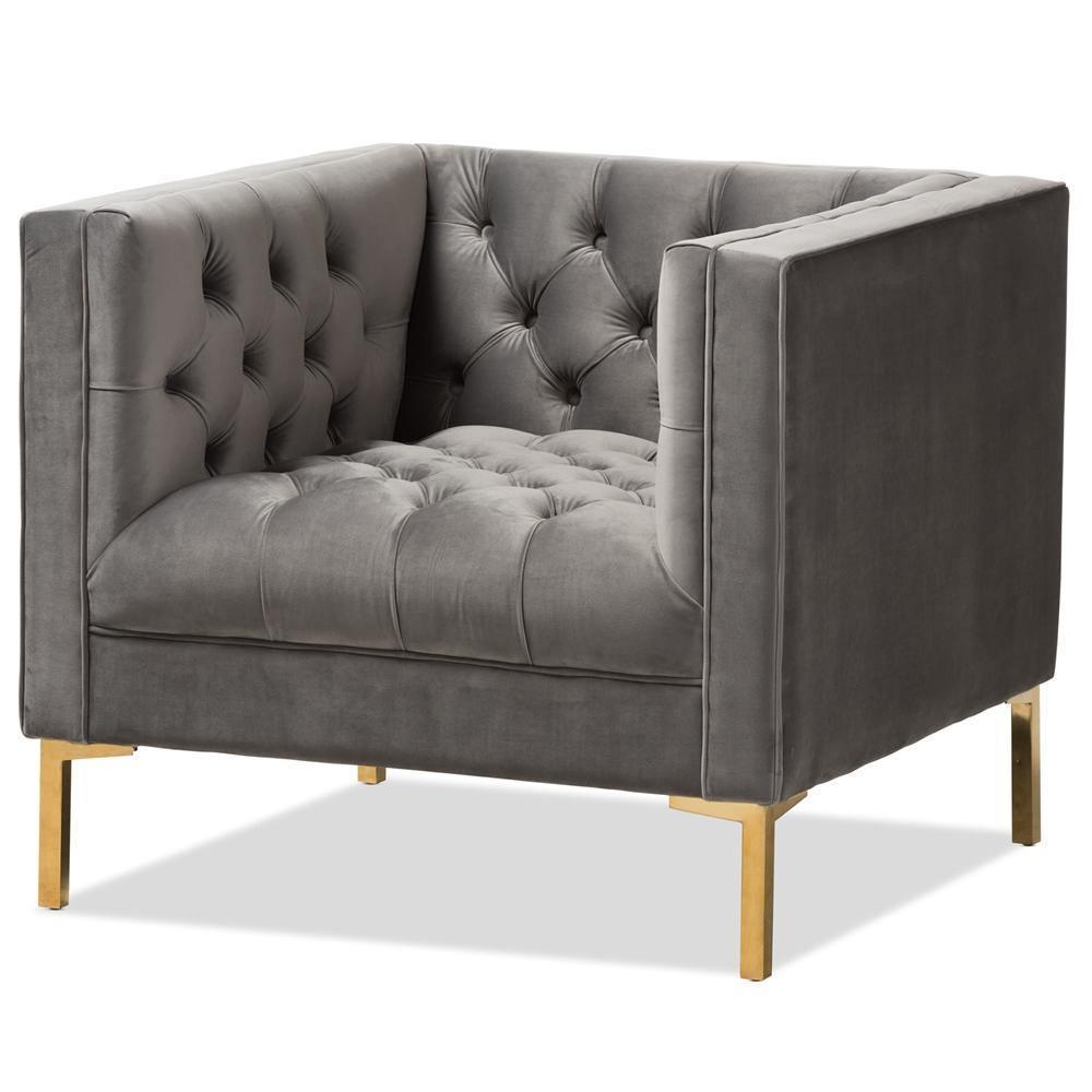 Zanetta Luxe and Glamour Grey Velvet Upholstered Gold Finished Lounge Chair FredCo