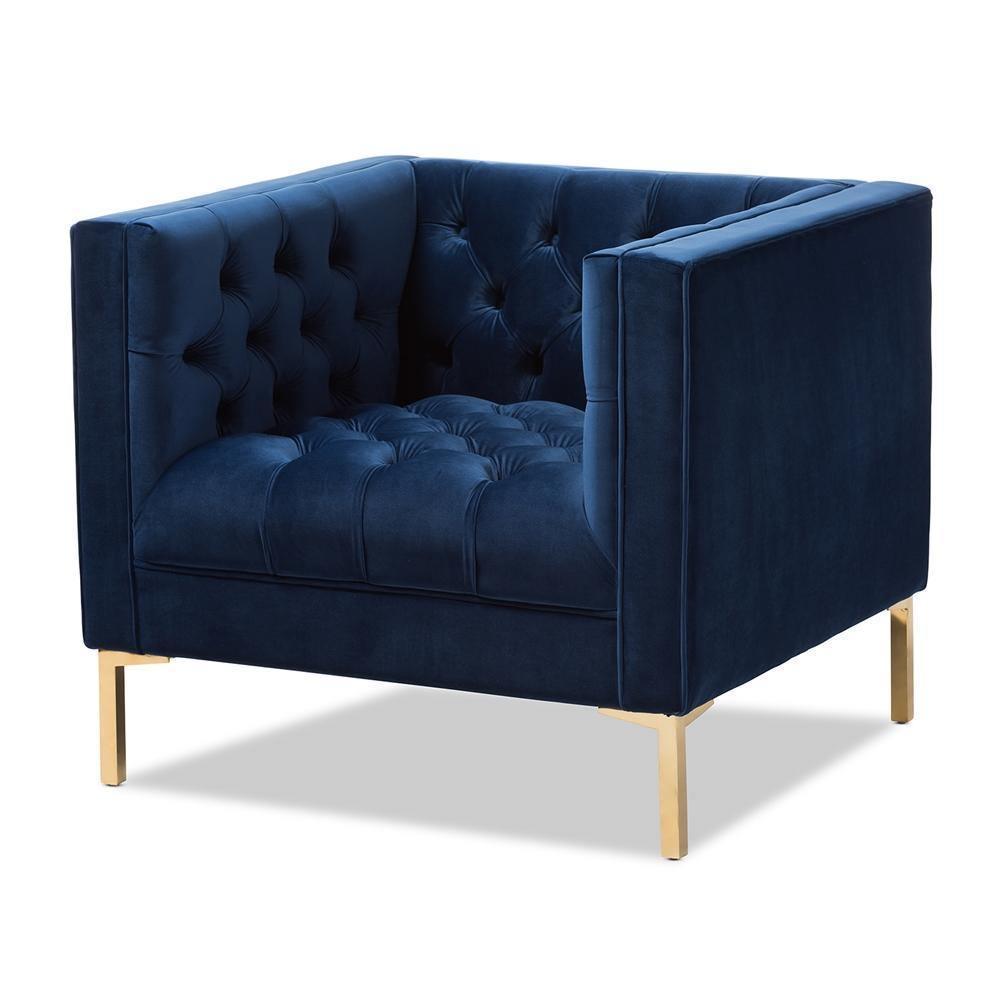 Zanetta Luxe and Glamour Navy Velvet Upholstered Gold Finished Lounge Chair FredCo