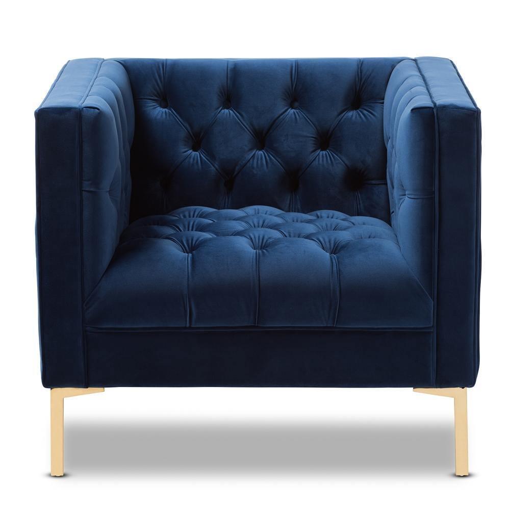 Zanetta Luxe and Glamour Navy Velvet Upholstered Gold Finished Lounge Chair FredCo