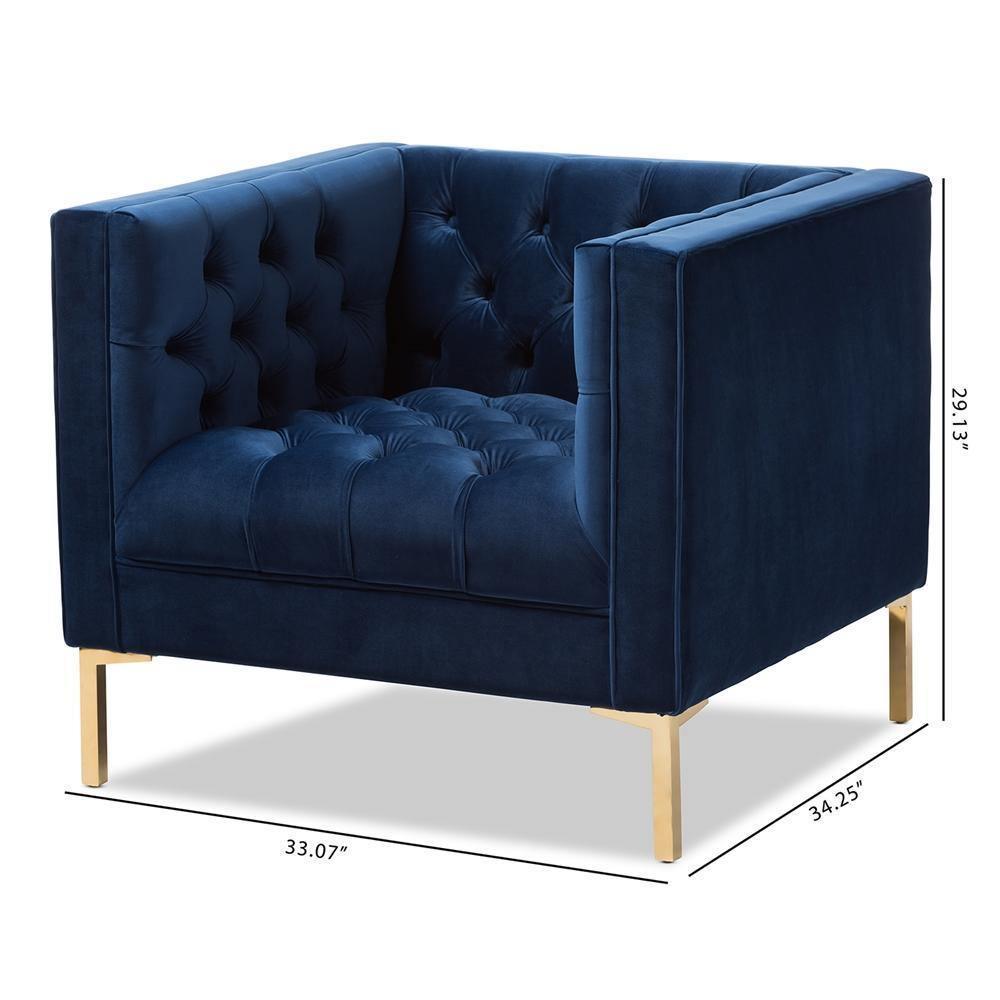 Zanetta Luxe and Glamour Navy Velvet Upholstered Gold Finished Lounge Chair FredCo
