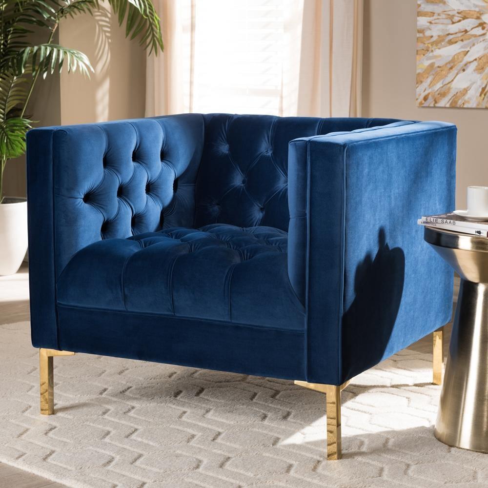 Zanetta Luxe and Glamour Navy Velvet Upholstered Gold Finished Lounge Chair FredCo