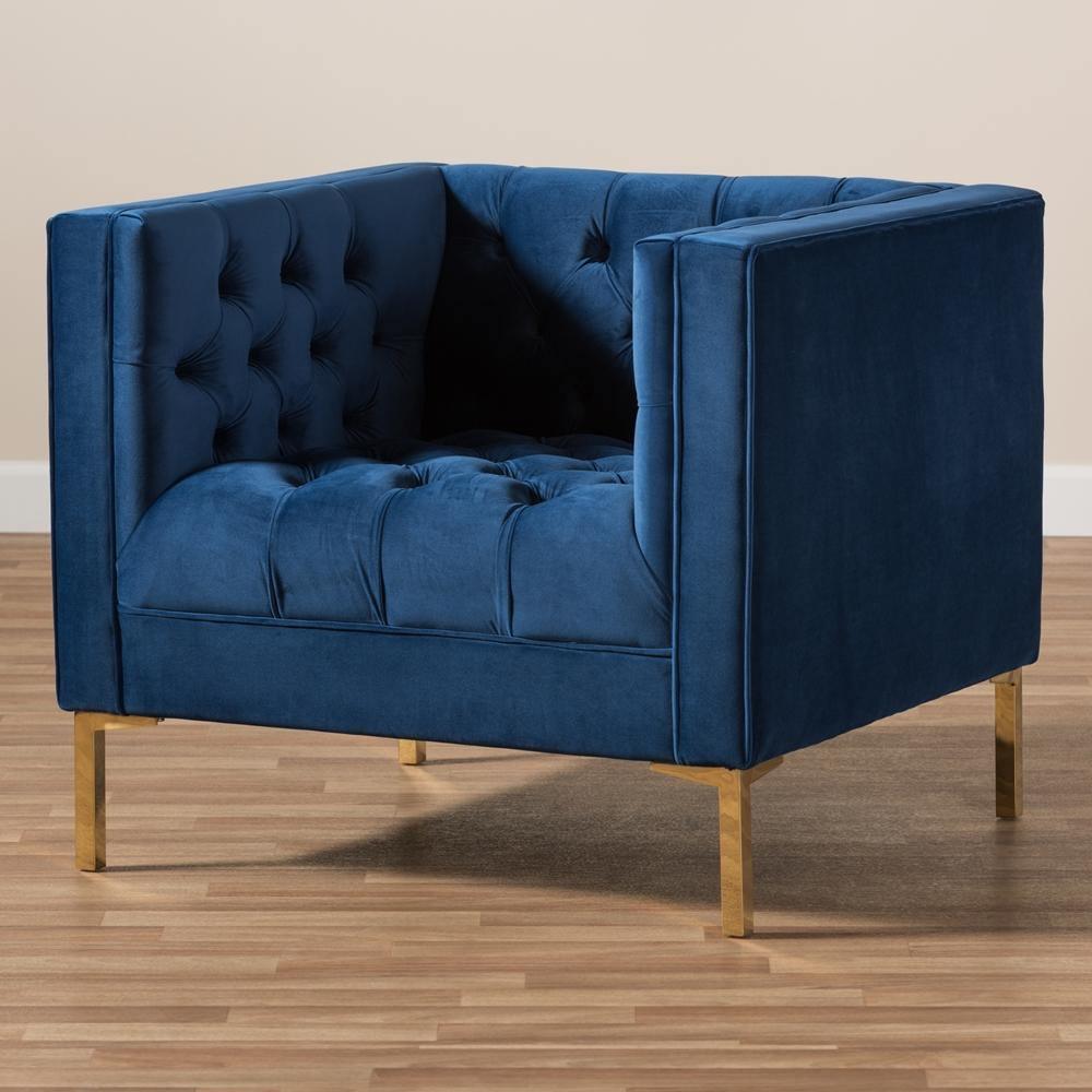 Zanetta Luxe and Glamour Navy Velvet Upholstered Gold Finished Lounge Chair FredCo