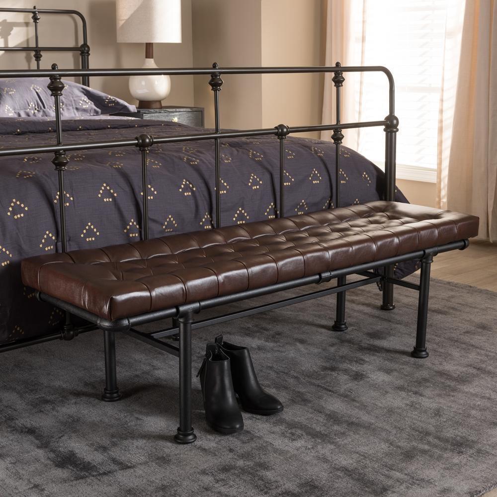 Zelie Rustic and Industrial Brown Faux Leather Upholstered Bench FredCo