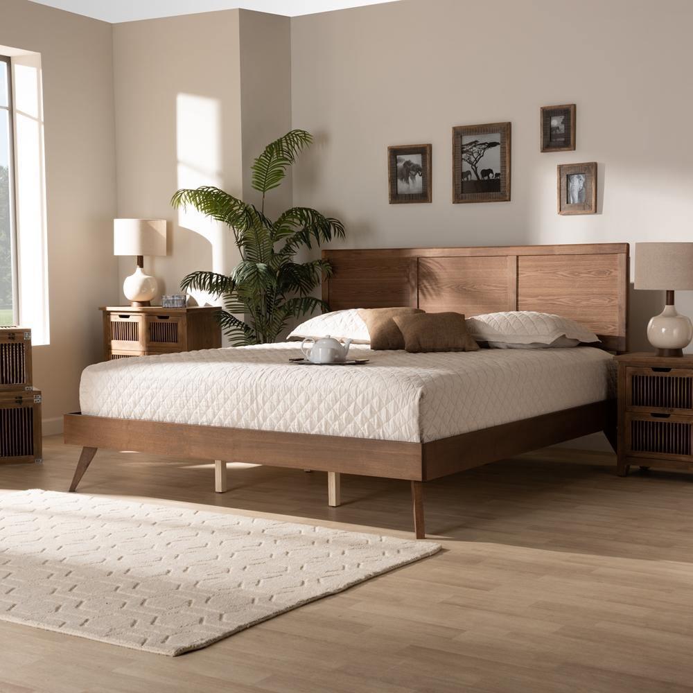 Zenon Mid-Century Modern Walnut Brown Finished Wood King Size Platform Bed FredCo