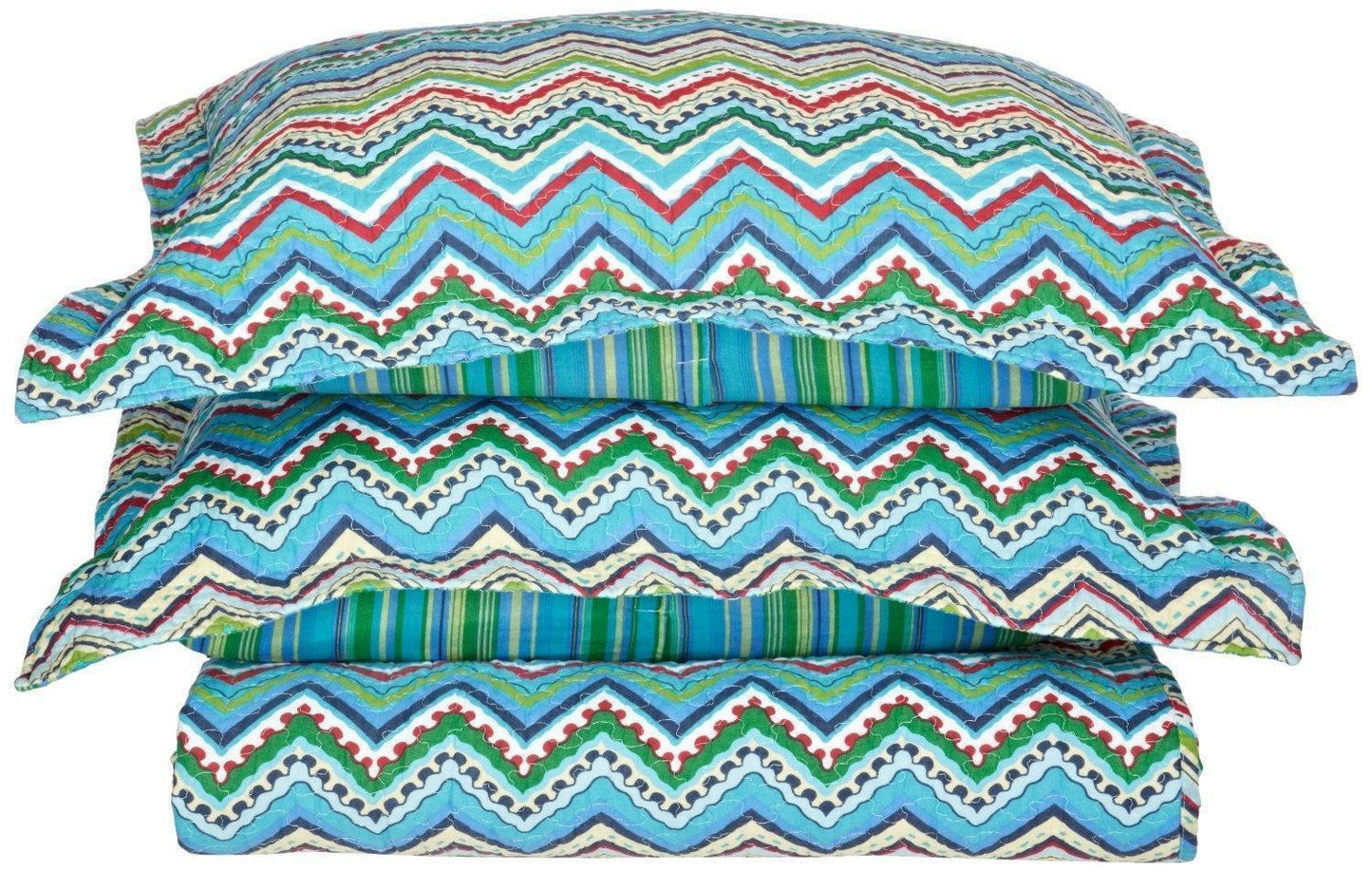 ZIGZAG Quilt Set, 100% Soft Cotton, Hippie Design, 3-Piece Set FredCo