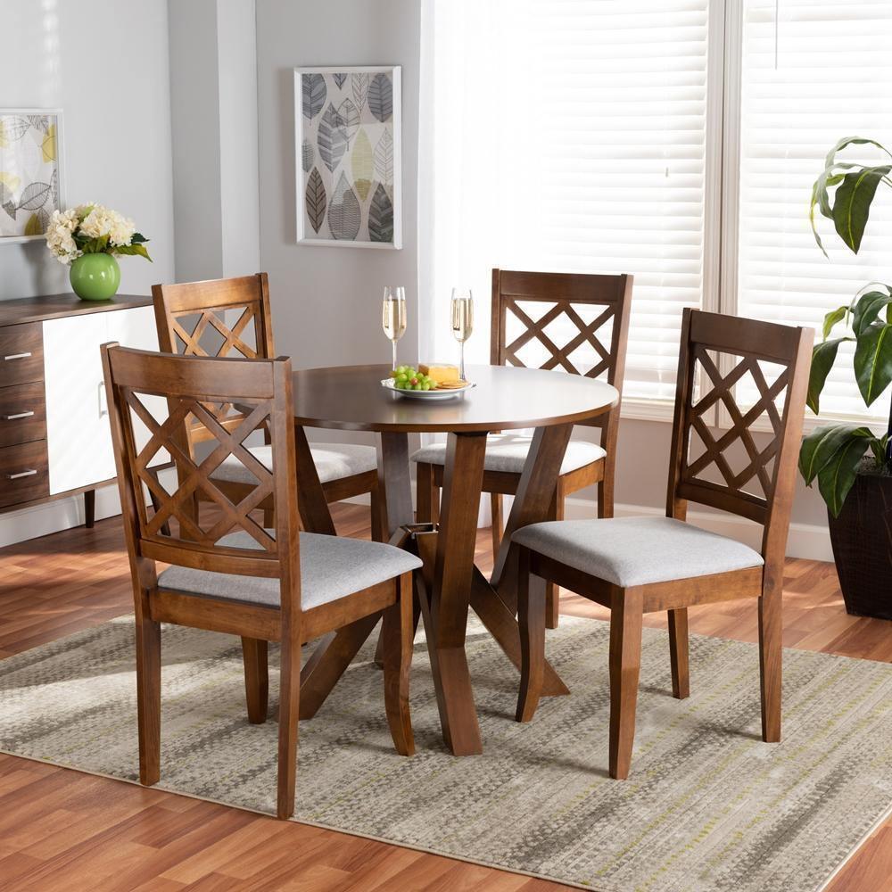 Zoe Modern and Contemporary Grey Fabric Upholstered and Walnut Brown Finished Wood 5-Piece Dining Set FredCo