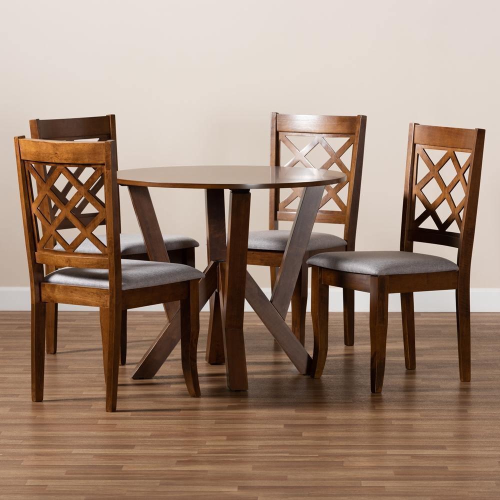 Zoe Modern and Contemporary Grey Fabric Upholstered and Walnut Brown Finished Wood 5-Piece Dining Set FredCo