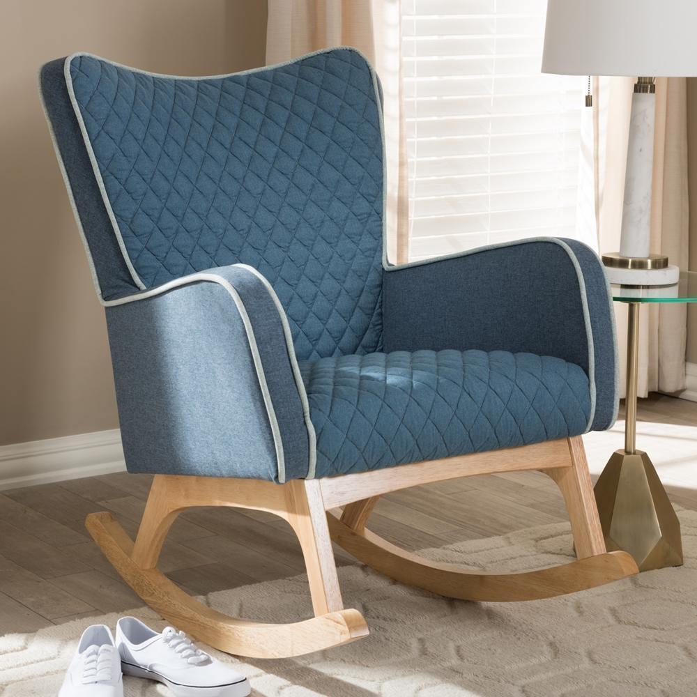 Zoelle Mid-Century Modern Blue Fabric Upholstered Natural Finished Rocking Chair FredCo