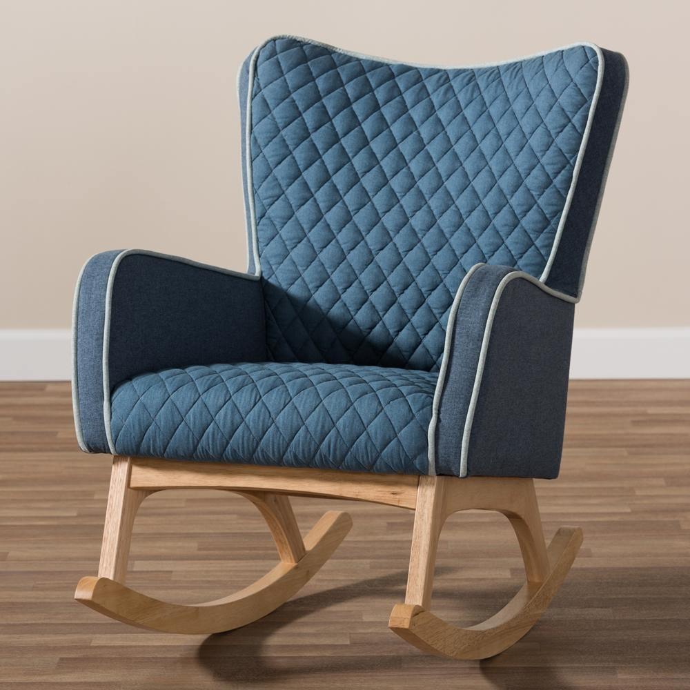 Zoelle Mid-Century Modern Blue Fabric Upholstered Natural Finished Rocking Chair FredCo
