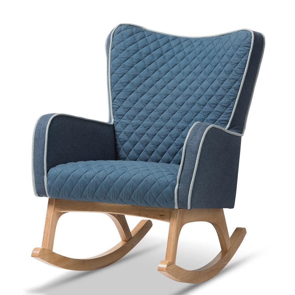 Zoelle Mid-Century Modern Blue Fabric Upholstered Natural Finished Rocking Chair FredCo