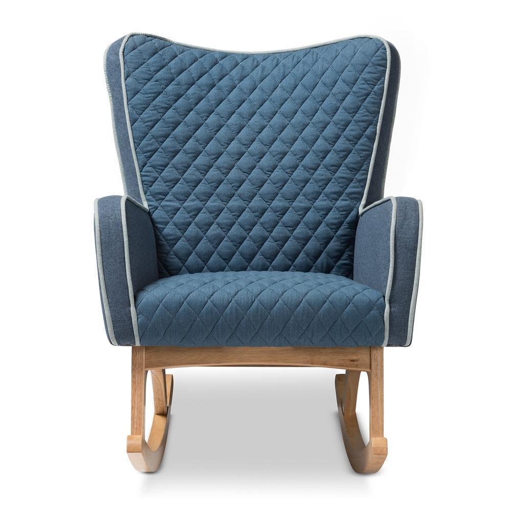 Zoelle Mid-Century Modern Blue Fabric Upholstered Natural Finished Rocking Chair FredCo
