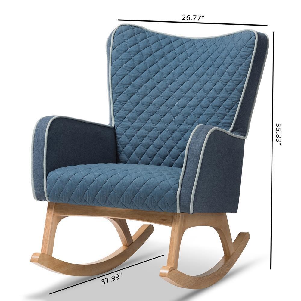 Zoelle Mid-Century Modern Blue Fabric Upholstered Natural Finished Rocking Chair FredCo