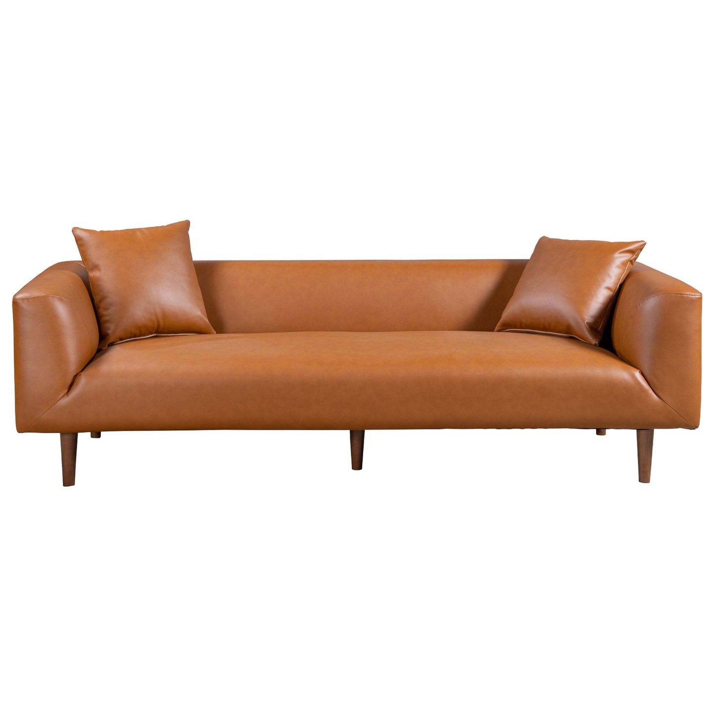 Modern tan leather sofa with square arms and two matching pillows, FredCo International furniture
