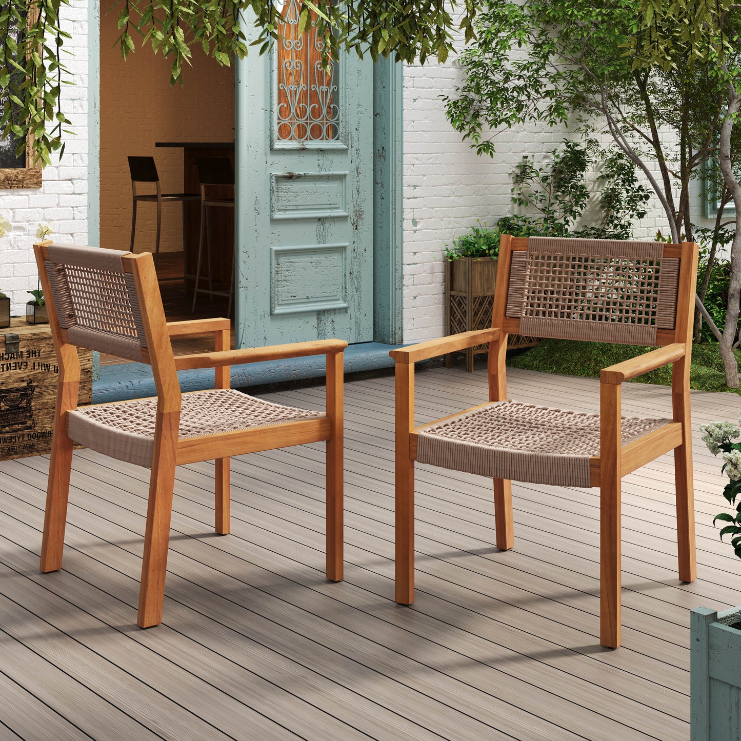 Outdoor Dining Chair Set of 2, Patio Chairs, Teak Acacia Wood, Light Brown Rope FredCo