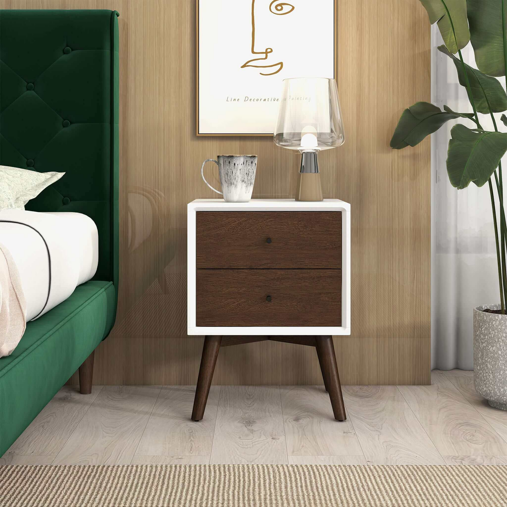 Caroline Mid Century Modern Style 2-Drawer White Night Stand Solid Wood 23.6'H x 17.7'W x 15.7'D FredCo