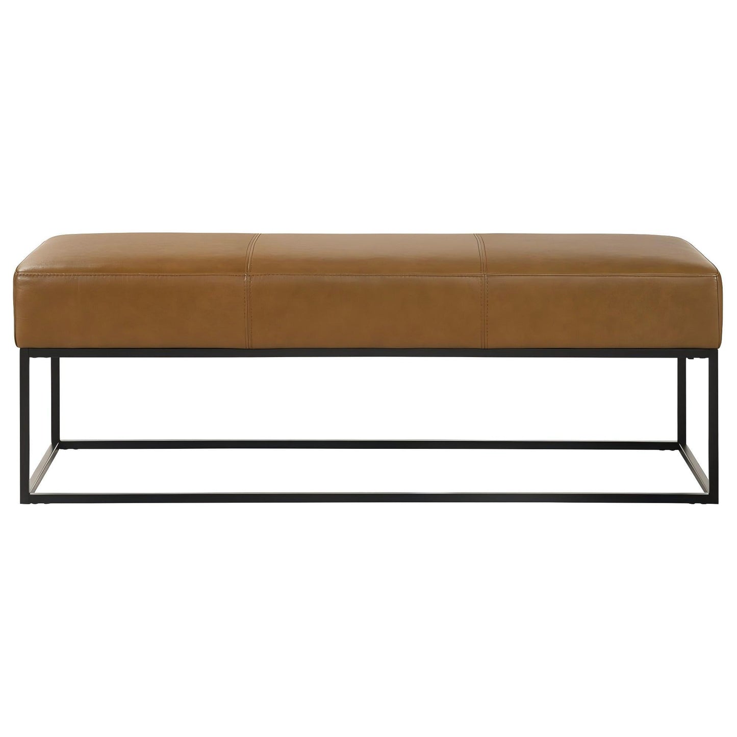Modern brown leather bench with black metal frame for home furniture at FredCo International