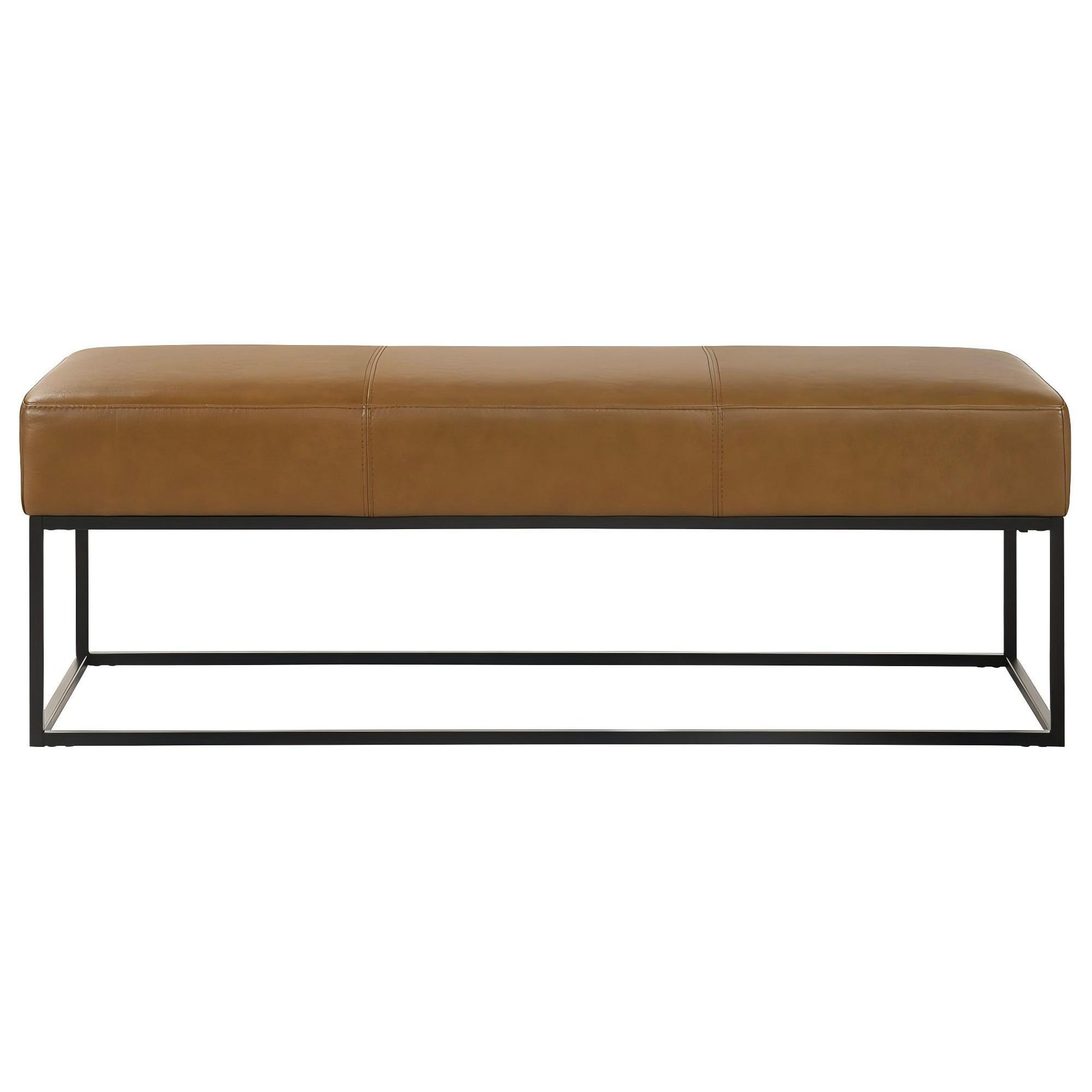 Modern brown leather bench with black metal frame for home furniture at FredCo International