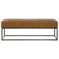 Modern brown leather bench with black metal frame for home furniture at FredCo International