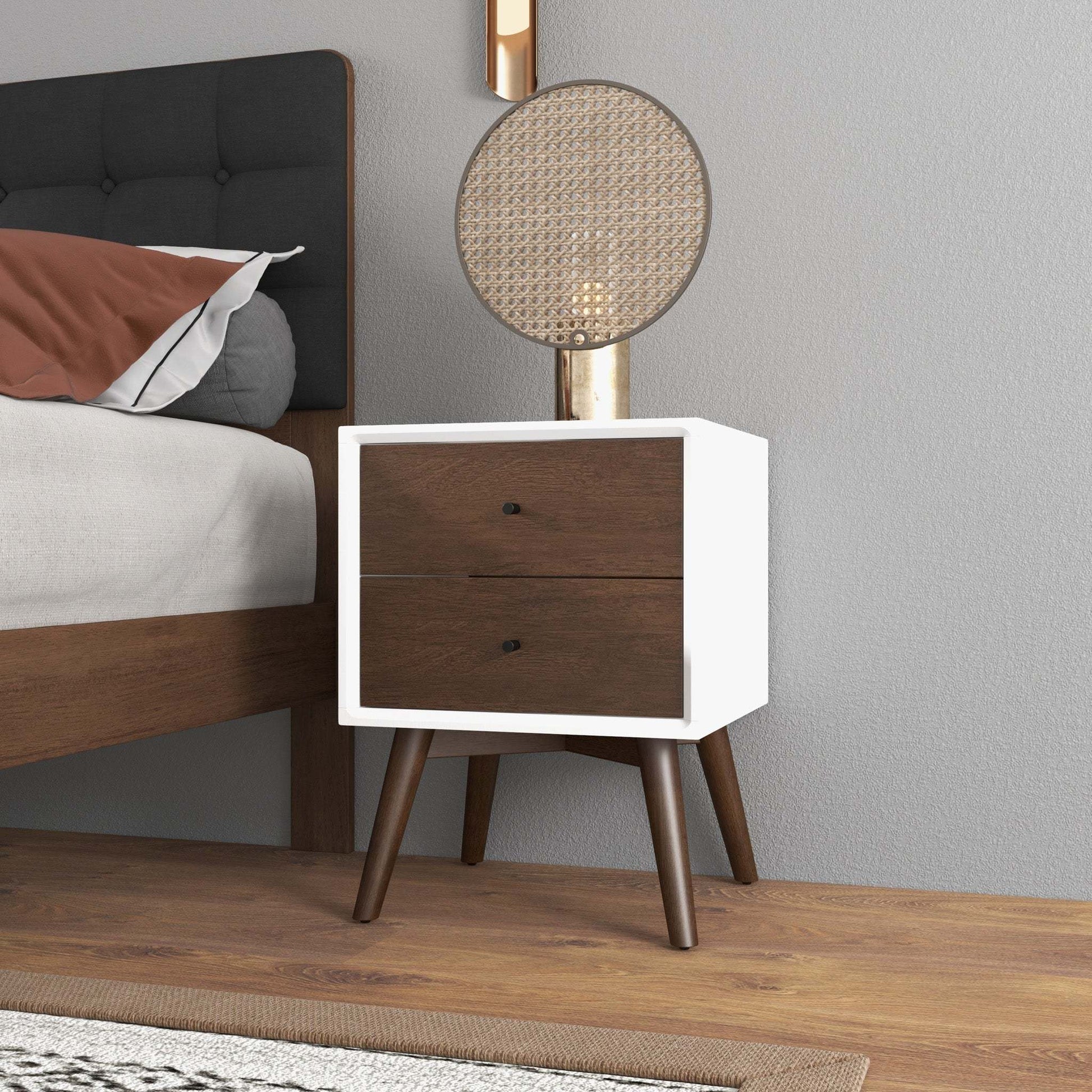 Caroline Mid Century Modern Style 2-Drawer White Night Stand Solid Wood 23.6'H x 17.7'W x 15.7'D FredCo