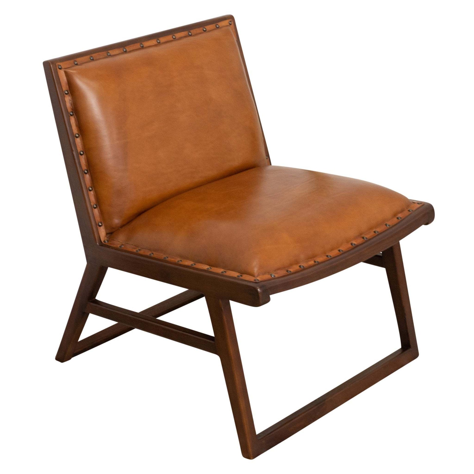Modern brown leather accent chair with wooden frame, available at FredCo International