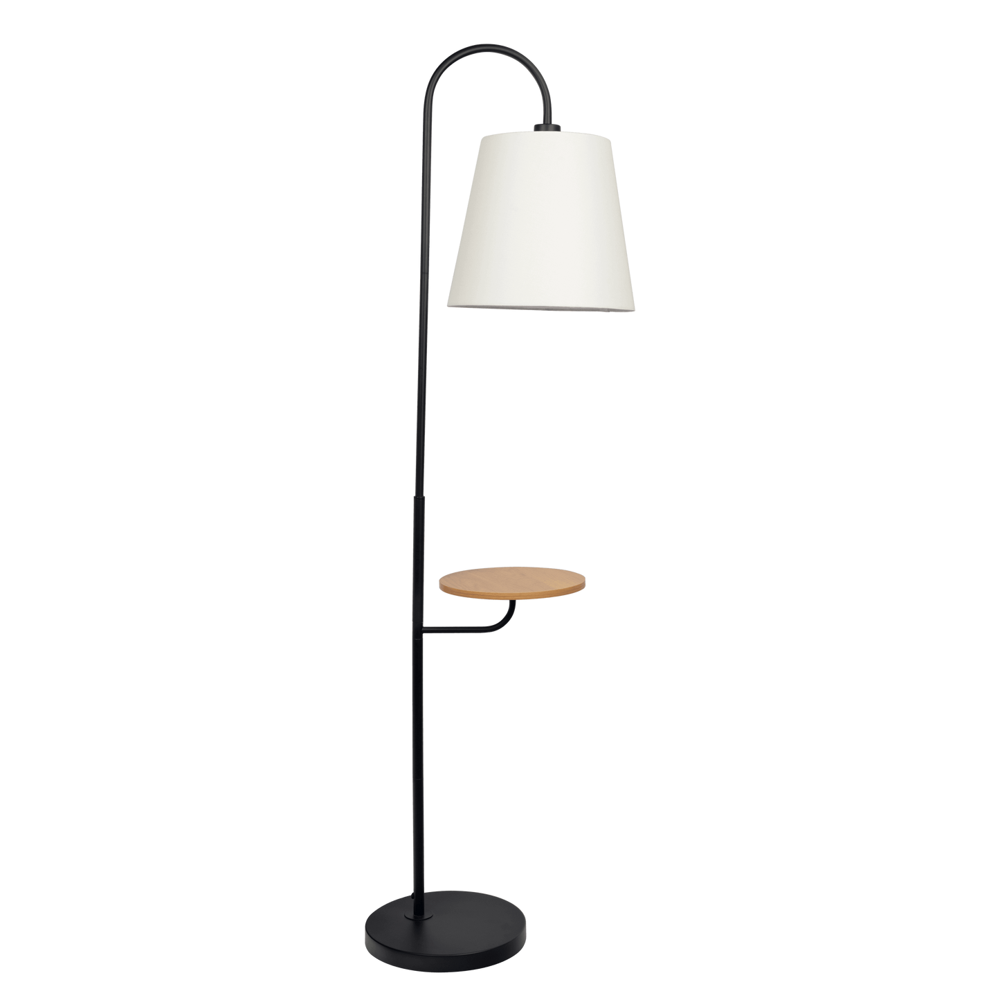 Modern floor lamp with white shade and round wood accent table, home furniture decor