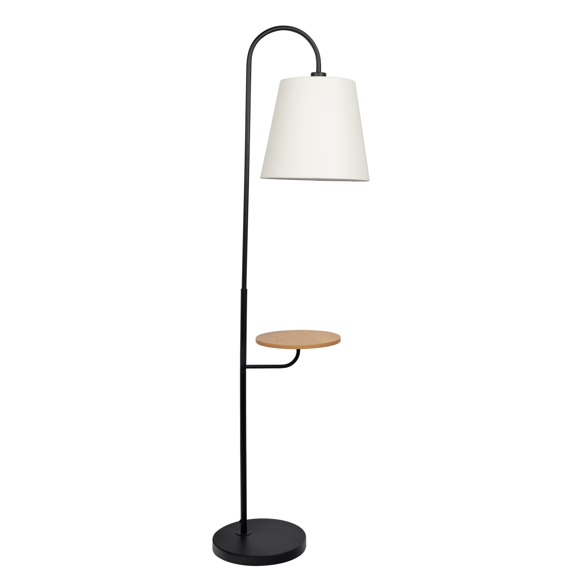 Modern floor lamp with white shade and round wood accent table, home furniture decor