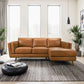 Modern tan leather sectional sofa in bright living room with plants and ottoman, FredCo International