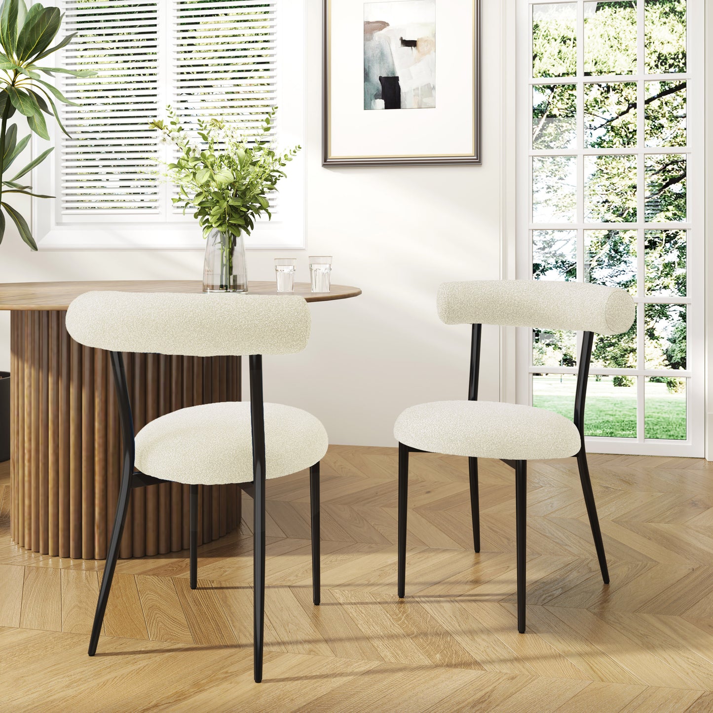Dining Chair Set of 2, Modern Dining Room Chairs, Black Metal Frame, White Fabric FredCo