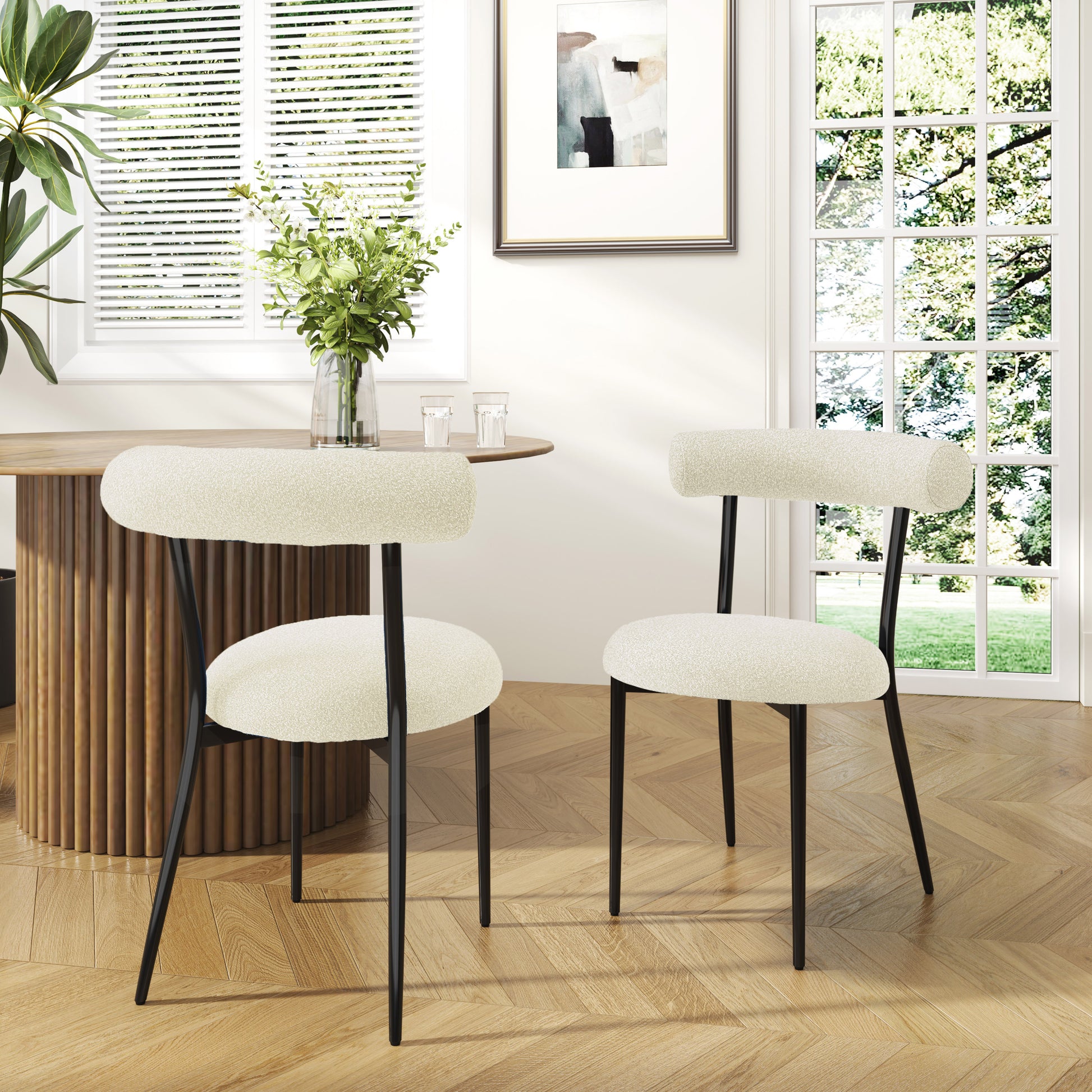 Dining Chair Set of 2, Modern Dining Room Chairs, Black Metal Frame, White Fabric FredCo