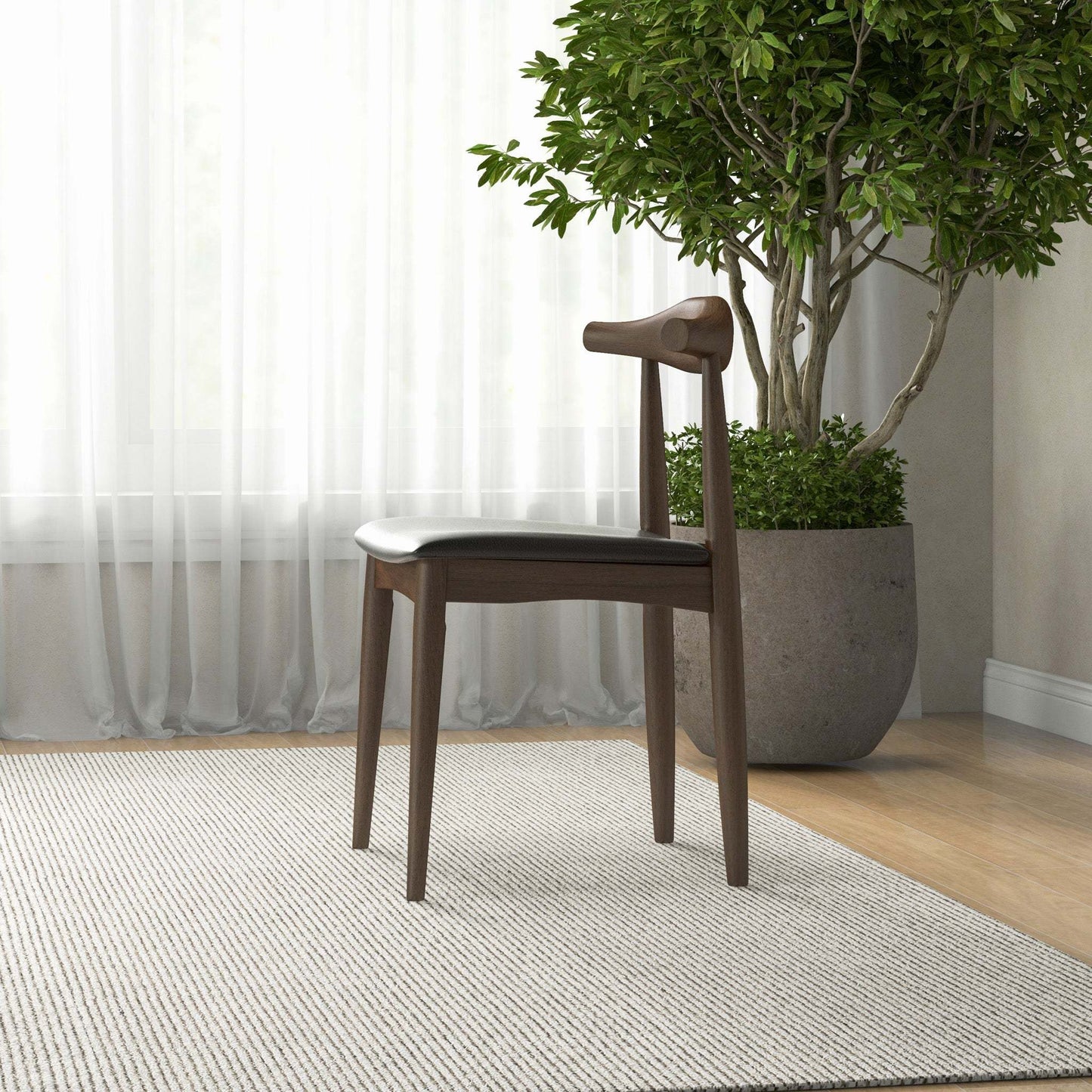 Modern wooden dining chair on rug near large indoor plant and sheer curtains
