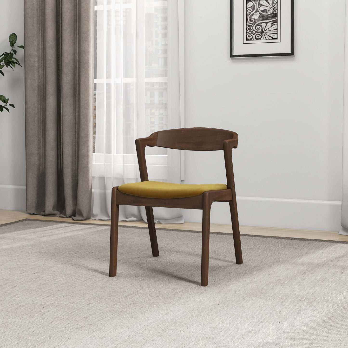 Dakota Dark Yellow Velvet Dining Chair (Set of 2) With Solid Wood Legs and Mid-Century Modern Design 29.3'H x 16'W x 22'D FredCo