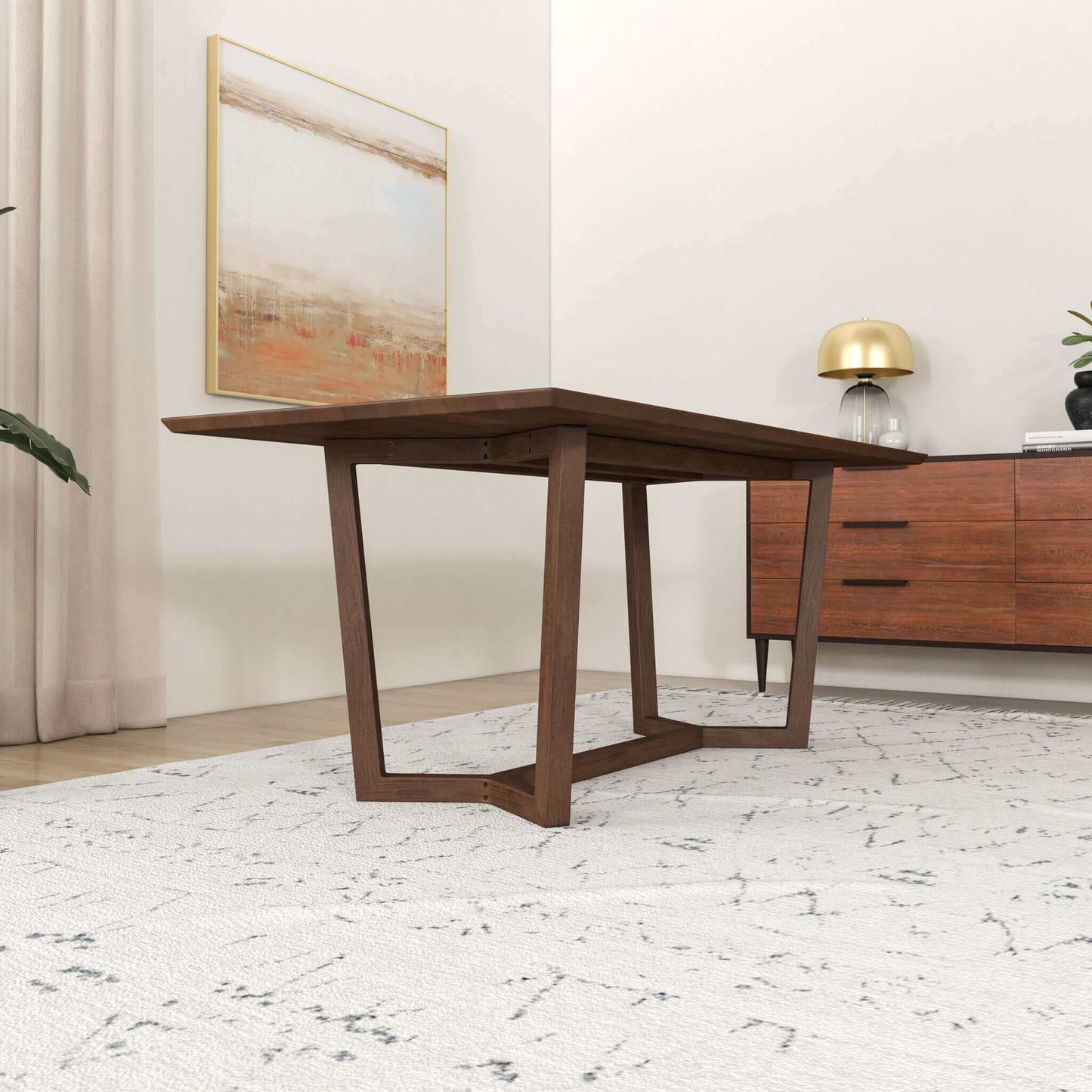 Modern wooden dining table in a stylish living room with sideboard and abstract wall art
