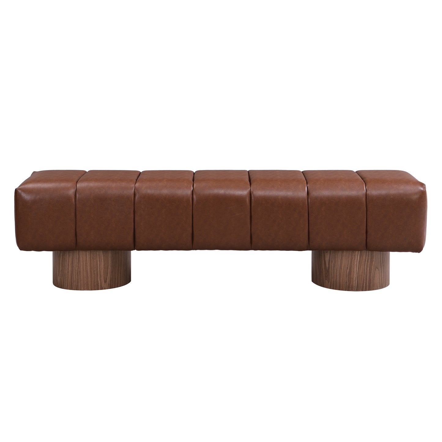 Upholstered Dining Bench for Dining Room, No-Assembly End of Bed Entryway Bench Ottoman for Bedroom Living Room, Brown PU Stool Top Wood Leg 300 LBS Weight Capacity FredCo