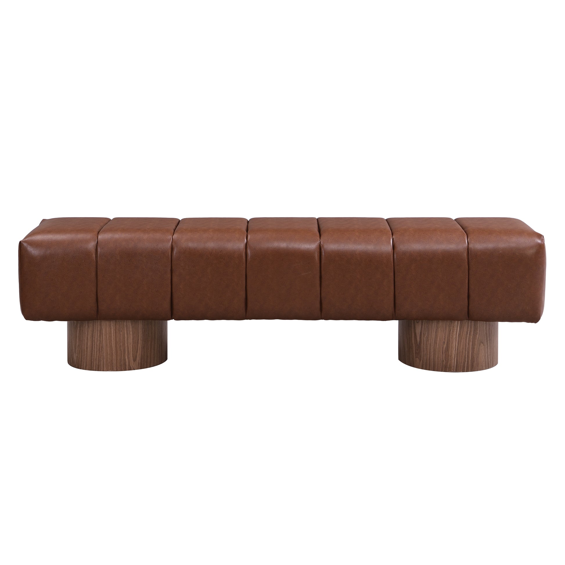 Upholstered Dining Bench for Dining Room, No-Assembly End of Bed Entryway Bench Ottoman for Bedroom Living Room, Brown PU Stool Top Wood Leg 300 LBS Weight Capacity FredCo